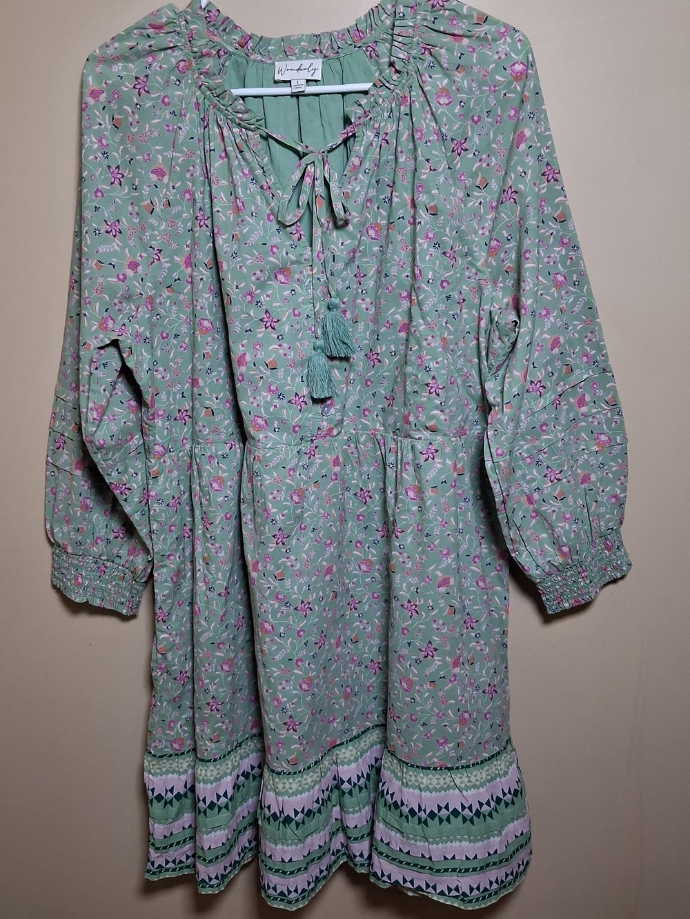Wonderly Women's Green & Pink Floral Tie Neck Dress; Size L; Boho, Peasant